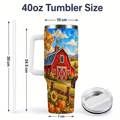 #pl[40oz|White] Harvest Barn Tumbler, 40oz Tumbler with Autumn Farm Artwork