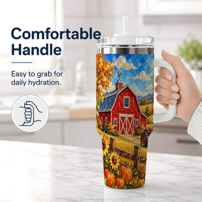 #pl[40oz|White] Harvest Barn Tumbler, 40oz Tumbler with Autumn Farm Artwork