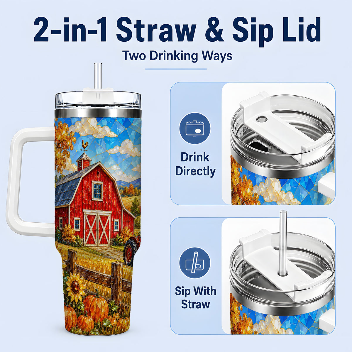 #pl[40oz|White] Harvest Barn Tumbler, 40oz Tumbler with Autumn Farm Artwork