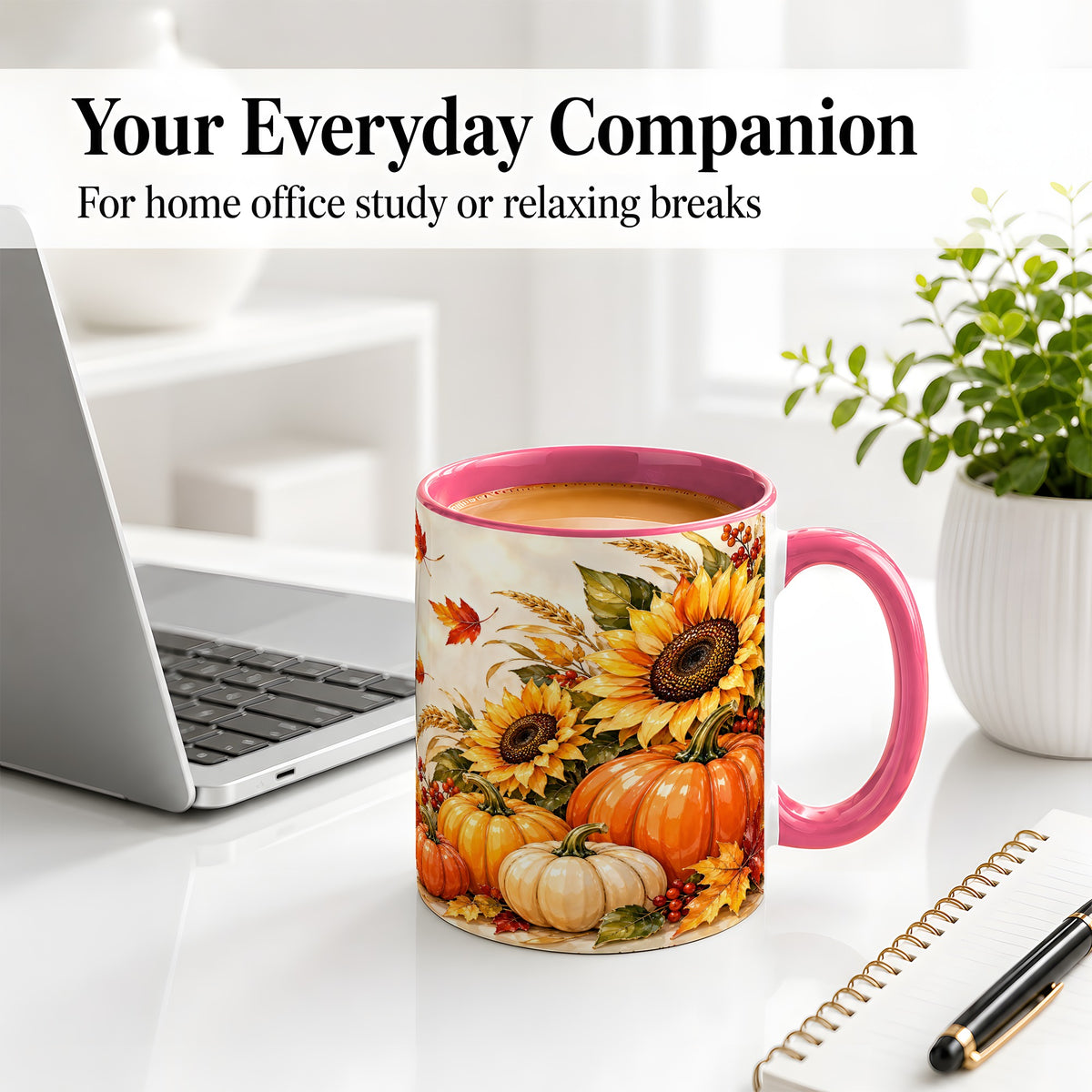 #pl[11oz|Pink] Autumn Pumpkin Accent Mug, Mug with Sunflower Fall Artwork