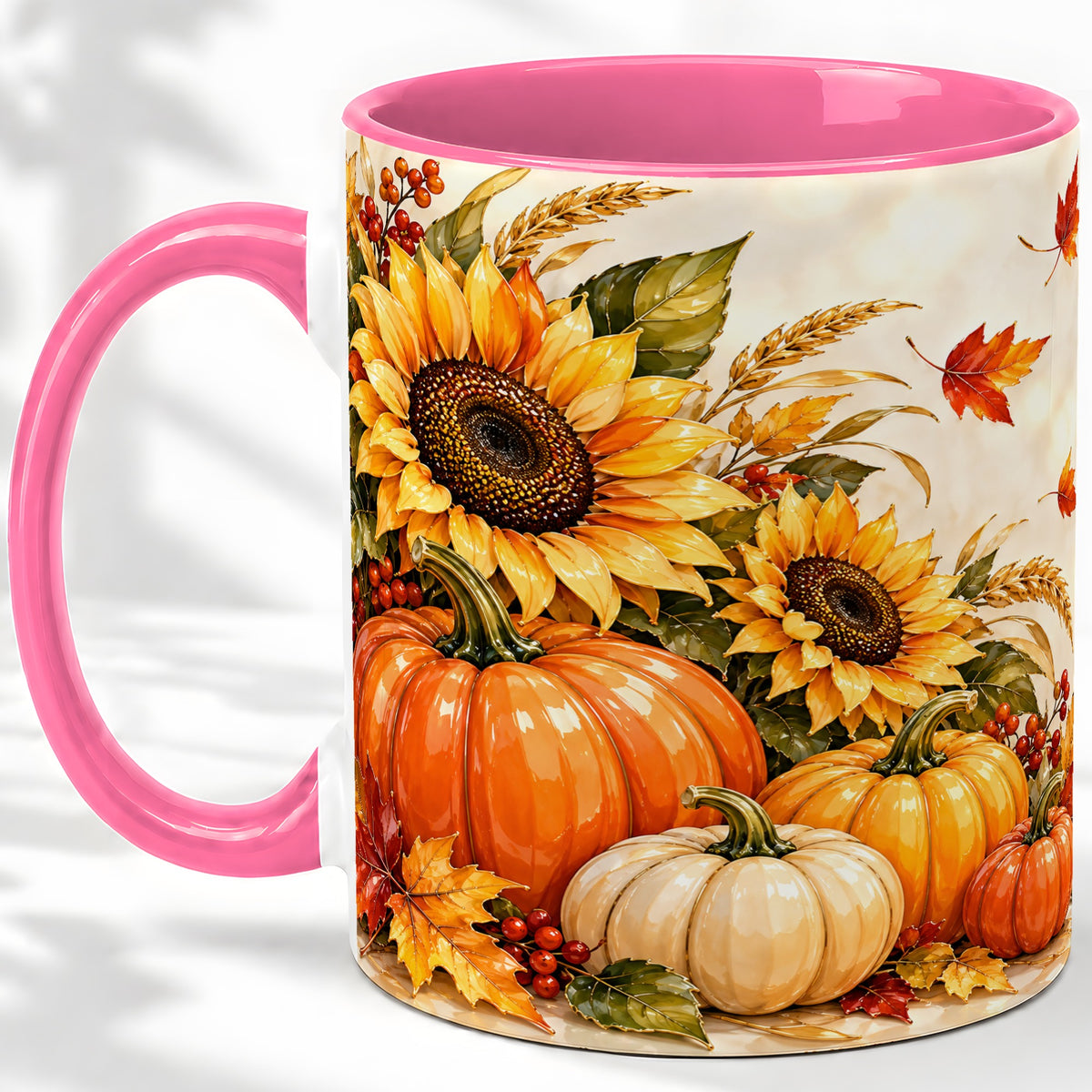 #pl[11oz|Pink] Autumn Pumpkin Accent Mug, Mug with Sunflower Fall Artwork