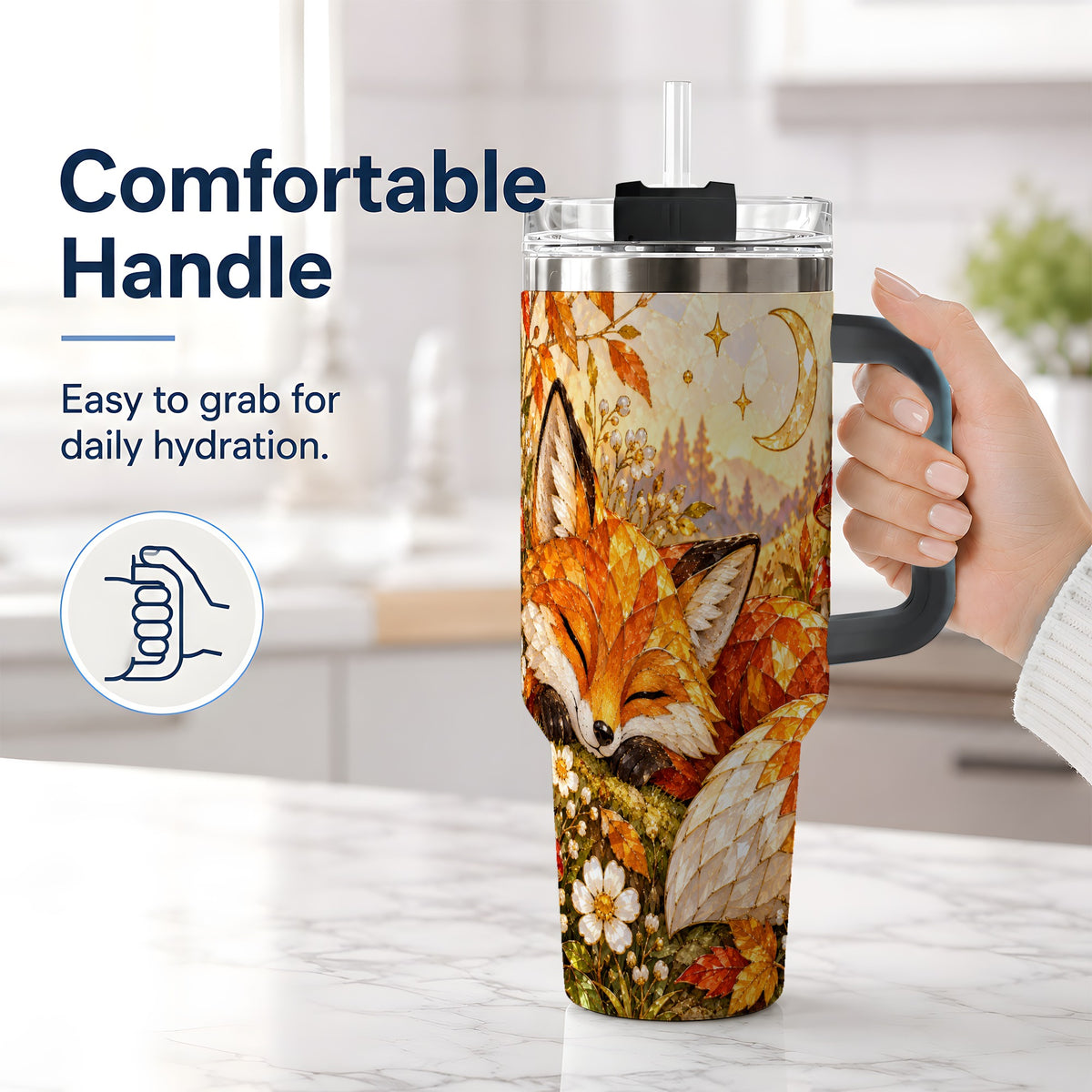 #pl[40oz|Black] Autumn Fox Tumbler, 40oz Tumbler with Mushroom Floral Artwork