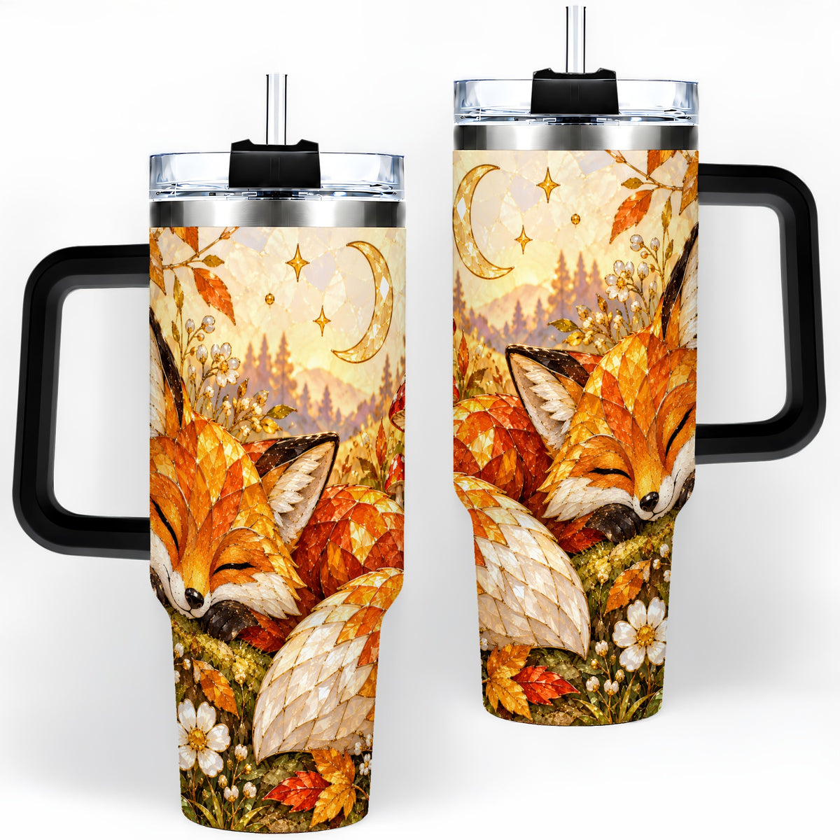 #pl[40oz|Black] Autumn Fox Tumbler, 40oz Tumbler with Mushroom Floral Artwork