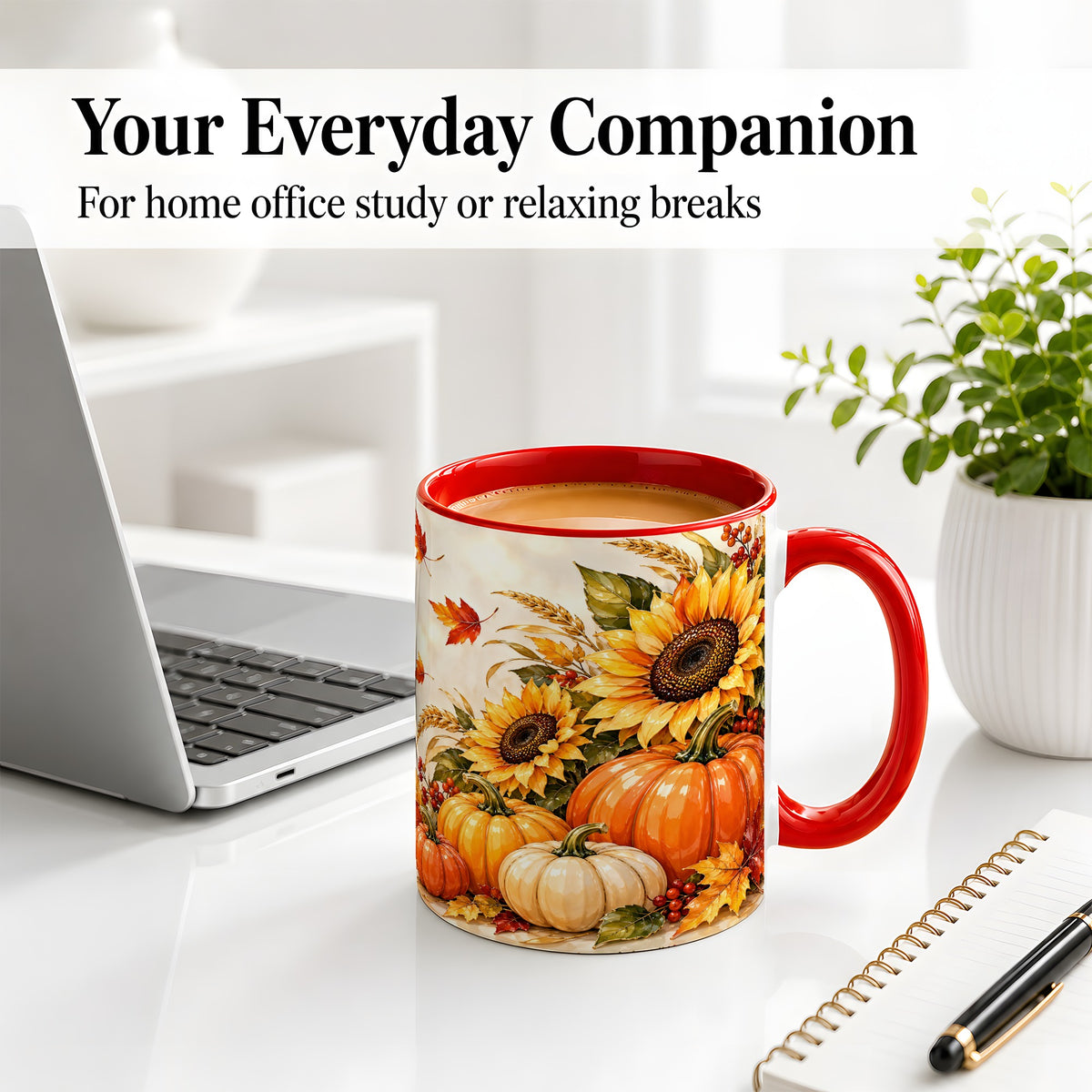 #pl[11oz|Red] Autumn Pumpkin Accent Mug, Mug with Sunflower Fall Artwork