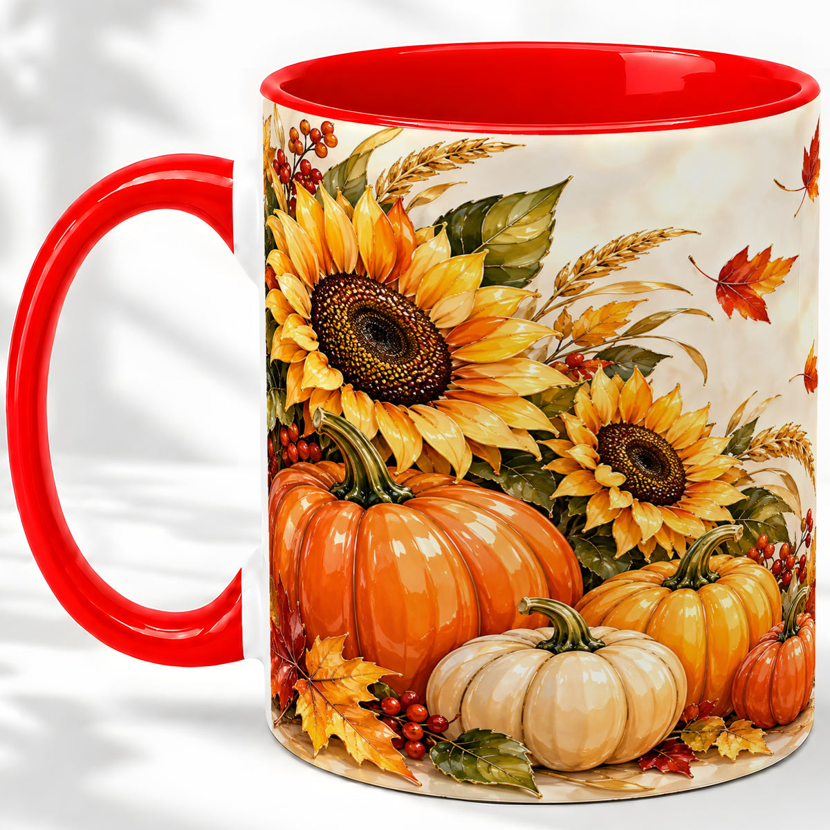 Autumn Pumpkin Accent Mug, Mug with Sunflower Fall Artwork