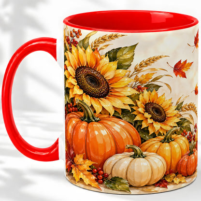Autumn Pumpkin Accent Mug, Mug with Sunflower Fall Artwork