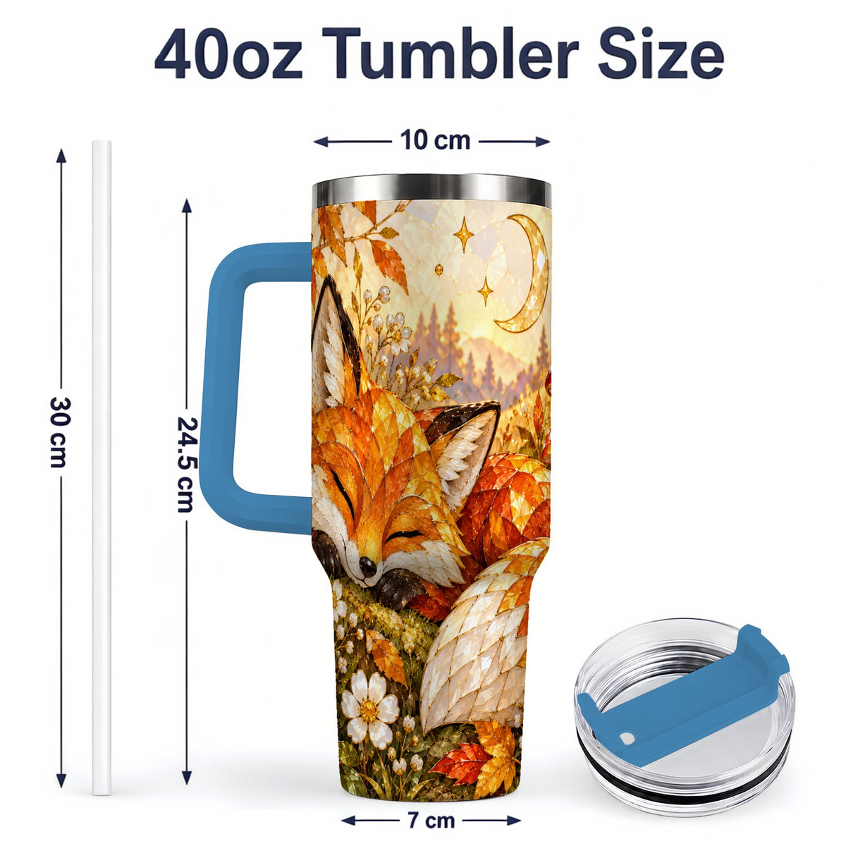 #pl[40oz|Blue] Autumn Fox Tumbler, 40oz Tumbler with Mushroom Floral Artwork