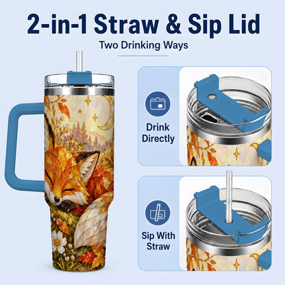 #pl[40oz|Blue] Autumn Fox Tumbler, 40oz Tumbler with Mushroom Floral Artwork