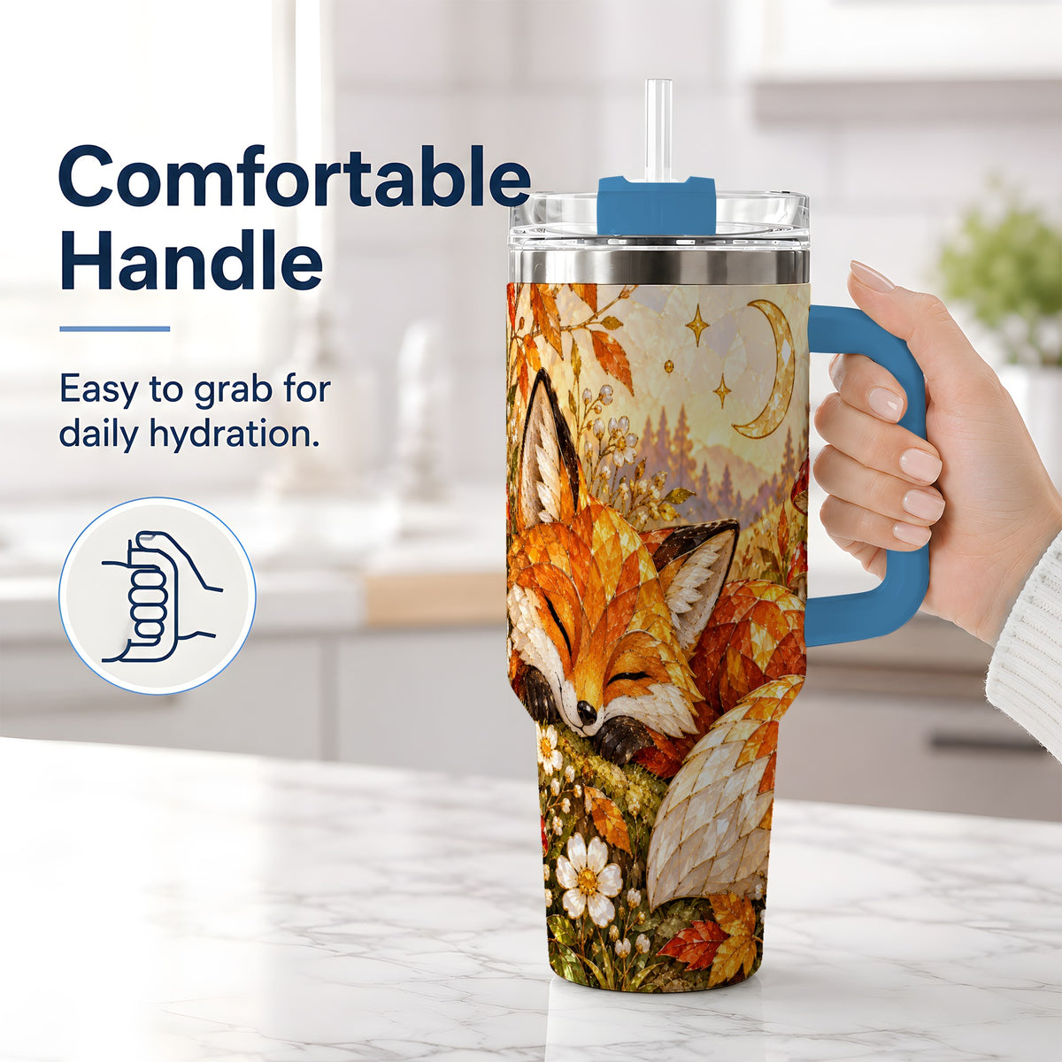 #pl[40oz|Blue] Autumn Fox Tumbler, 40oz Tumbler with Mushroom Floral Artwork