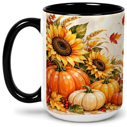 #pl[15oz|Black] Autumn Pumpkin Accent Mug, Mug with Sunflower Fall Artwork
