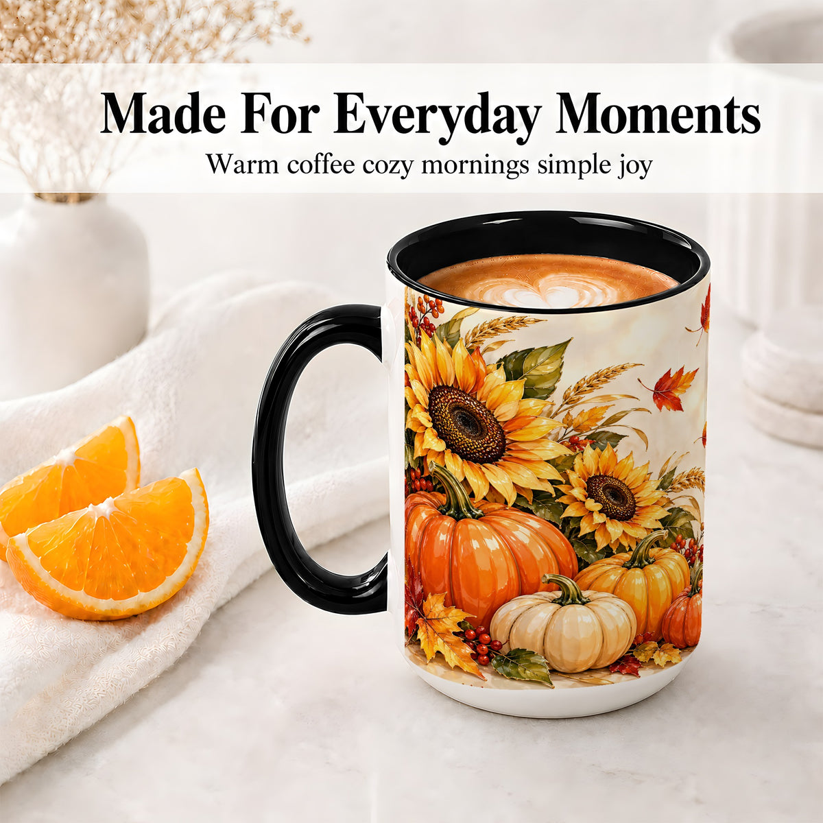 #pl[15oz|Black] Autumn Pumpkin Accent Mug, Mug with Sunflower Fall Artwork