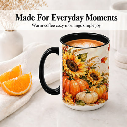 #pl[15oz|Black] Autumn Pumpkin Accent Mug, Mug with Sunflower Fall Artwork