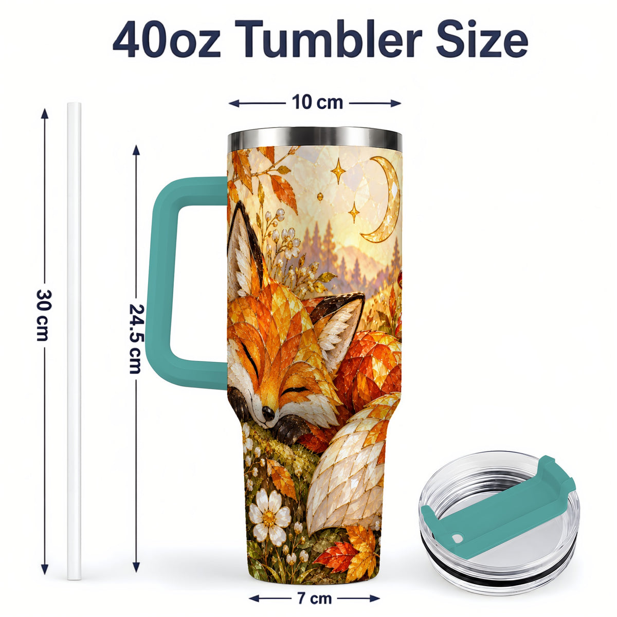#pl[40oz|Green] Autumn Fox Tumbler, 40oz Tumbler with Mushroom Floral Artwork