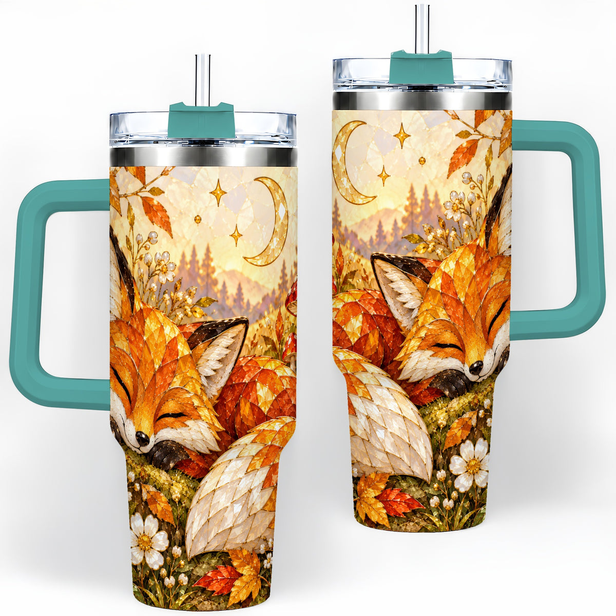 #pl[40oz|Green] Autumn Fox Tumbler, 40oz Tumbler with Mushroom Floral Artwork