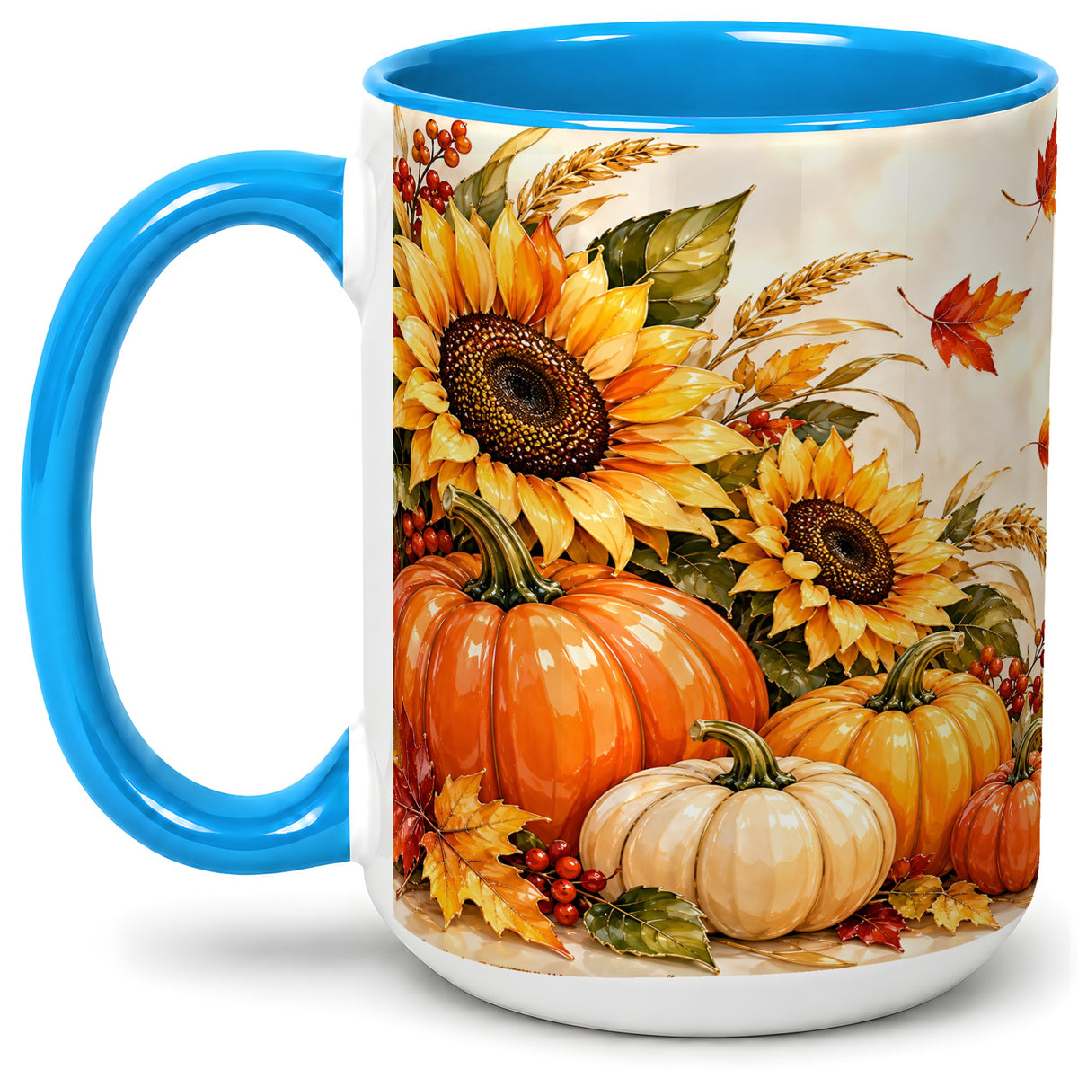 #pl[15oz|Blue] Autumn Pumpkin Accent Mug, Mug with Sunflower Fall Artwork