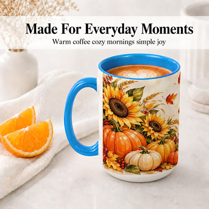 #pl[15oz|Blue] Autumn Pumpkin Accent Mug, Mug with Sunflower Fall Artwork