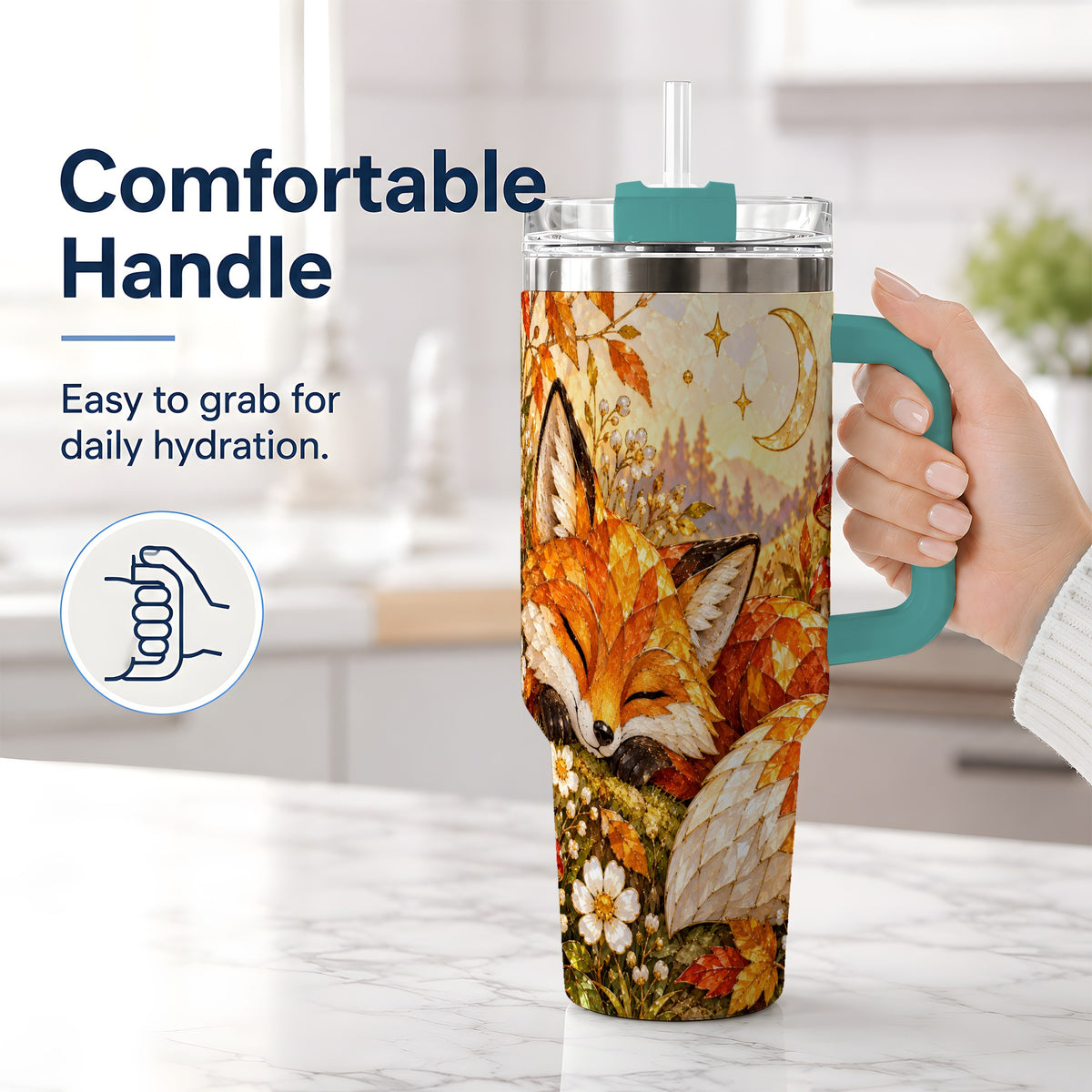 #pl[40oz|Green] Autumn Fox Tumbler, 40oz Tumbler with Mushroom Floral Artwork