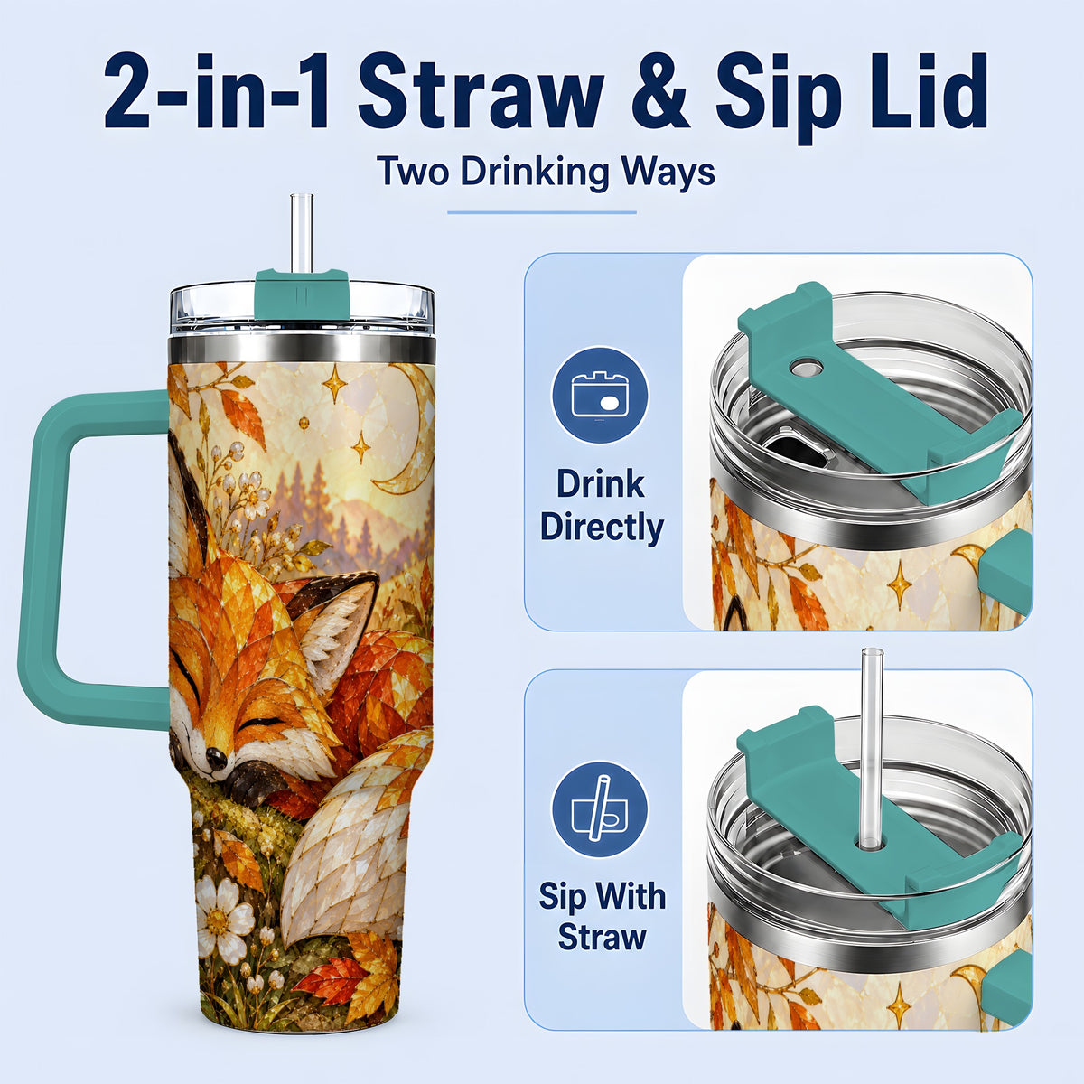 #pl[40oz|Green] Autumn Fox Tumbler, 40oz Tumbler with Mushroom Floral Artwork