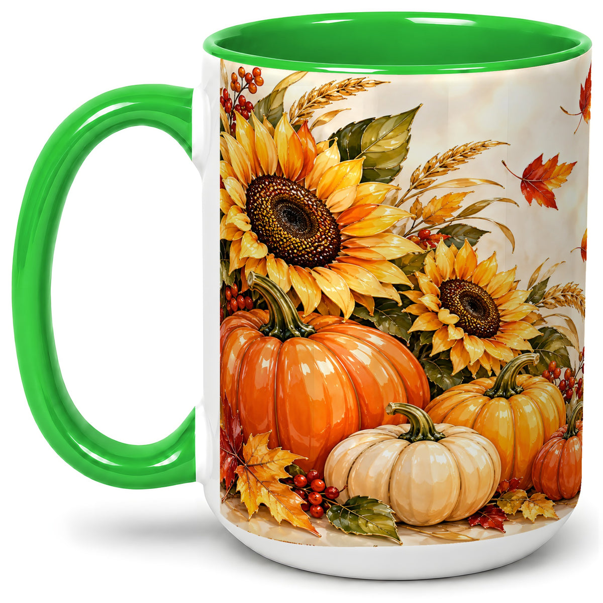 #pl[15oz|Green] Autumn Pumpkin Accent Mug, Mug with Sunflower Fall Artwork