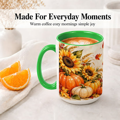 #pl[15oz|Green] Autumn Pumpkin Accent Mug, Mug with Sunflower Fall Artwork