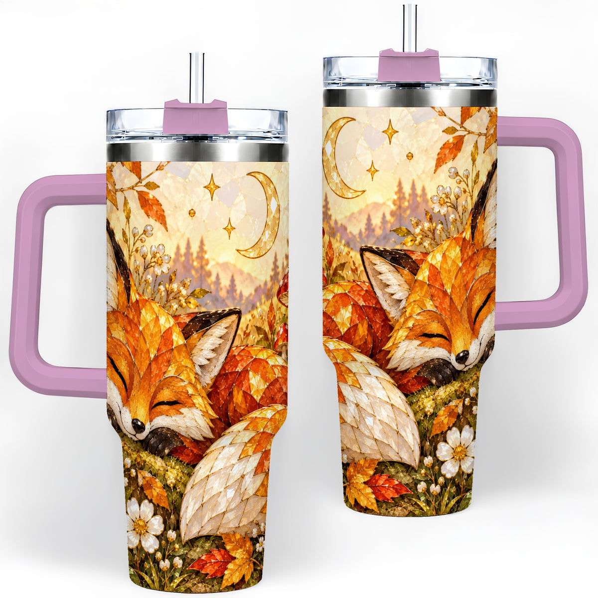 #pl[40oz|Pink] Autumn Fox Tumbler, 40oz Tumbler with Mushroom Floral Artwork