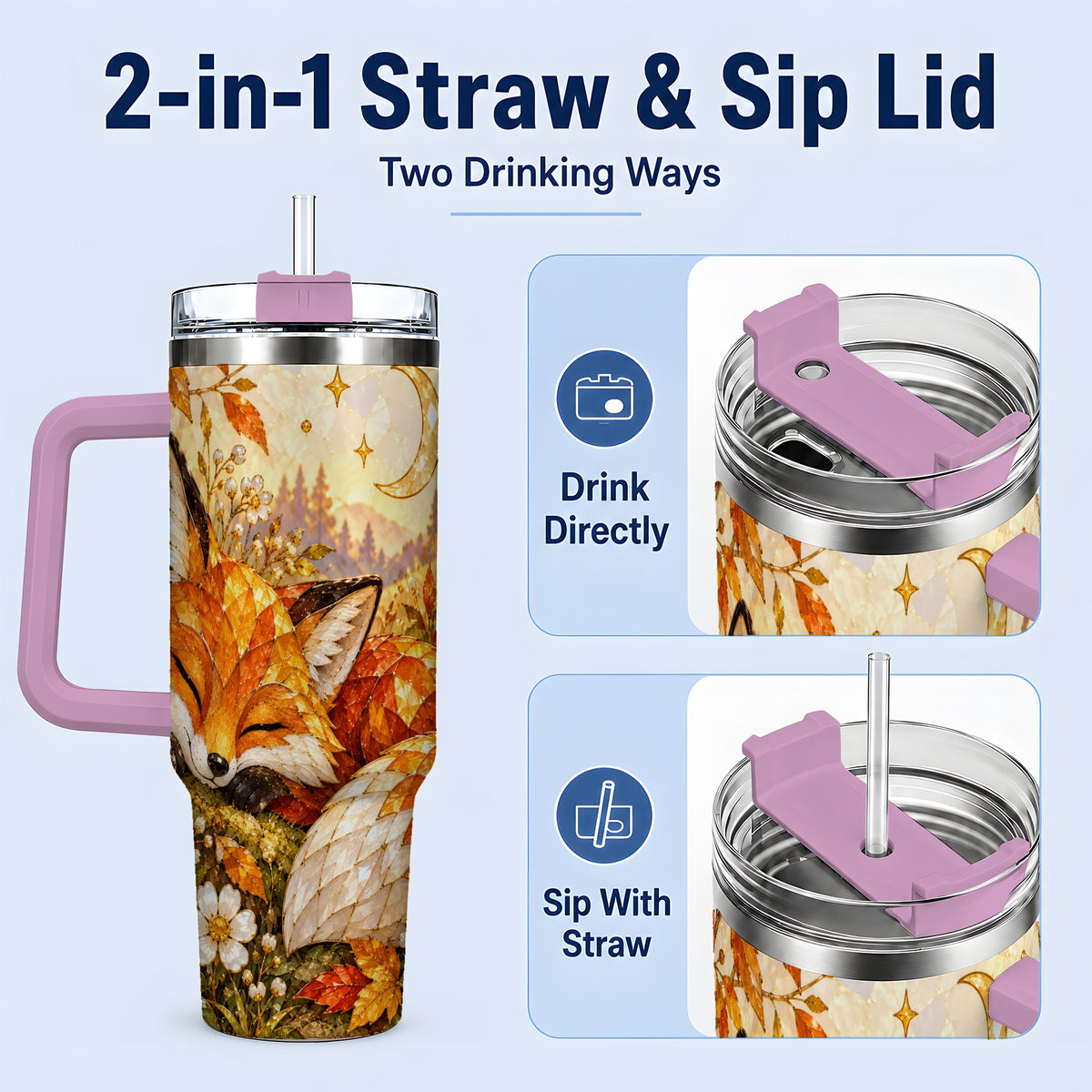 #pl[40oz|Pink] Autumn Fox Tumbler, 40oz Tumbler with Mushroom Floral Artwork