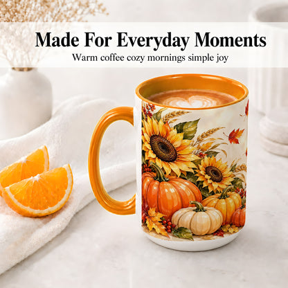 #pl[15oz|Orange] Autumn Pumpkin Accent Mug, Mug with Sunflower Fall Artwork