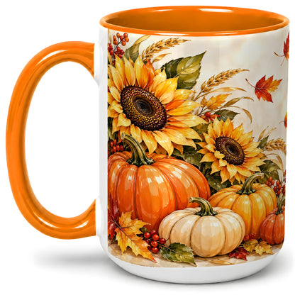 #pl[15oz|Orange] Autumn Pumpkin Accent Mug, Mug with Sunflower Fall Artwork