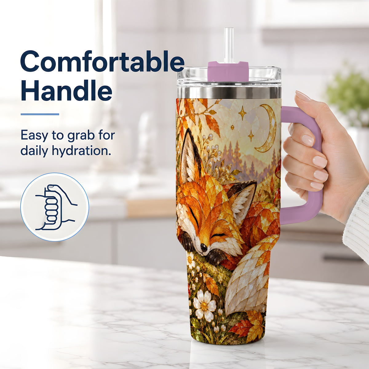 #pl[40oz|Pink] Autumn Fox Tumbler, 40oz Tumbler with Mushroom Floral Artwork