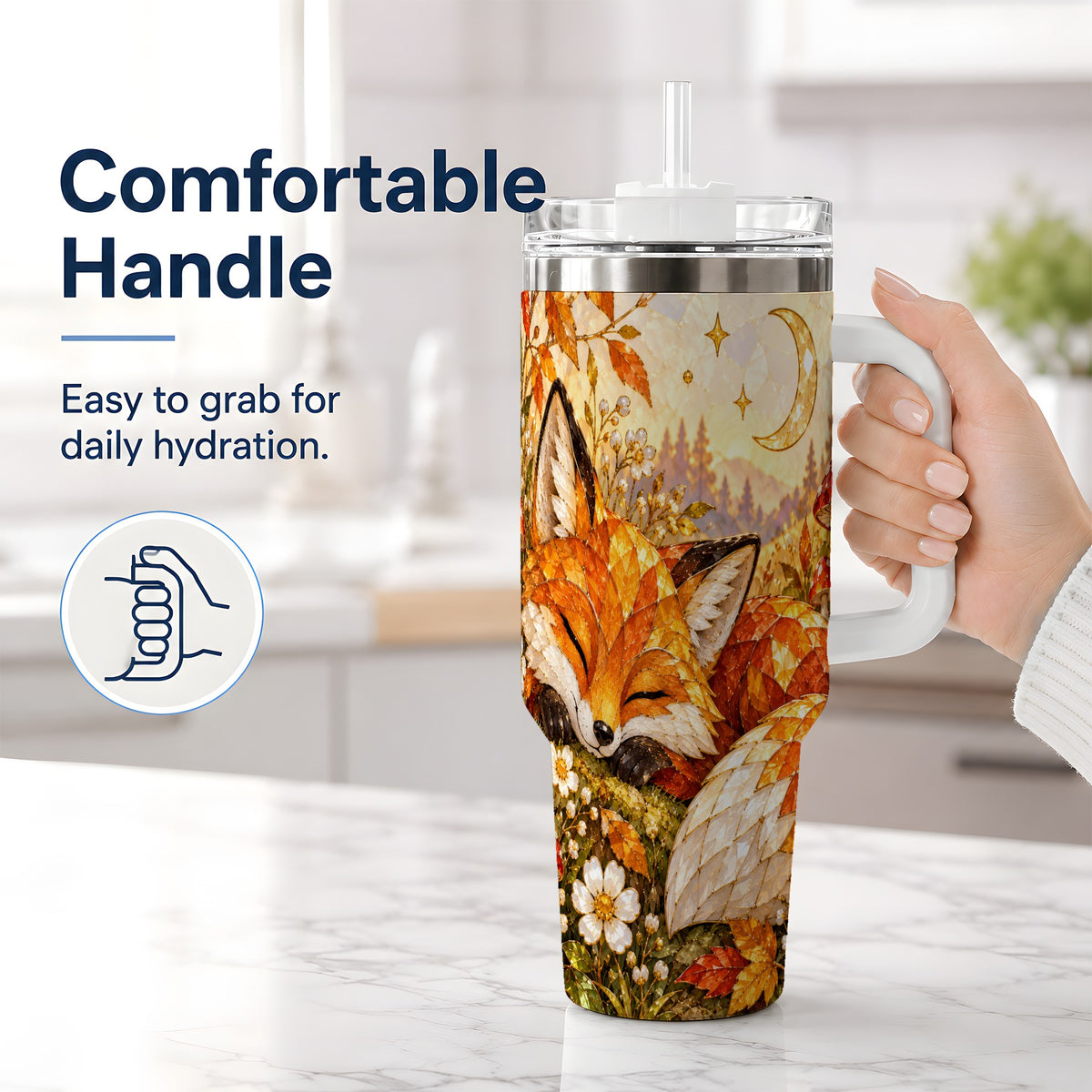 #pl[40oz|White] Autumn Fox Tumbler, 40oz Tumbler with Mushroom Floral Artwork