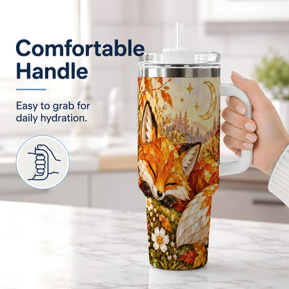 #pl[40oz|White] Autumn Fox Tumbler, 40oz Tumbler with Mushroom Floral Artwork