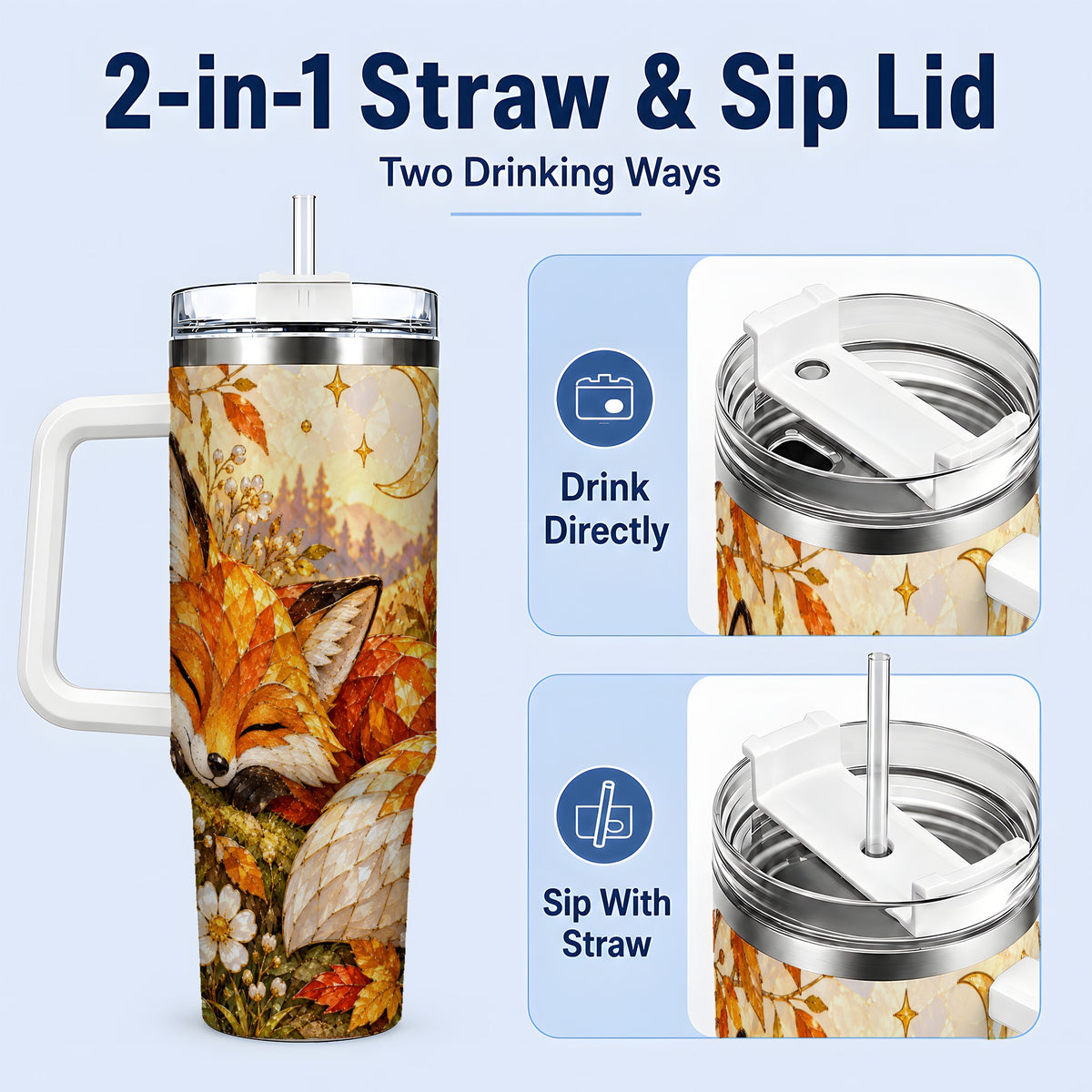 #pl[40oz|White] Autumn Fox Tumbler, 40oz Tumbler with Mushroom Floral Artwork