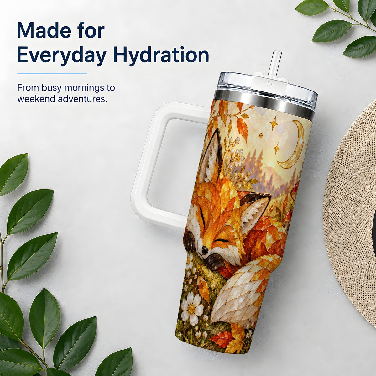 Autumn Fox Tumbler, 40oz Tumbler with Mushroom Floral Artwork