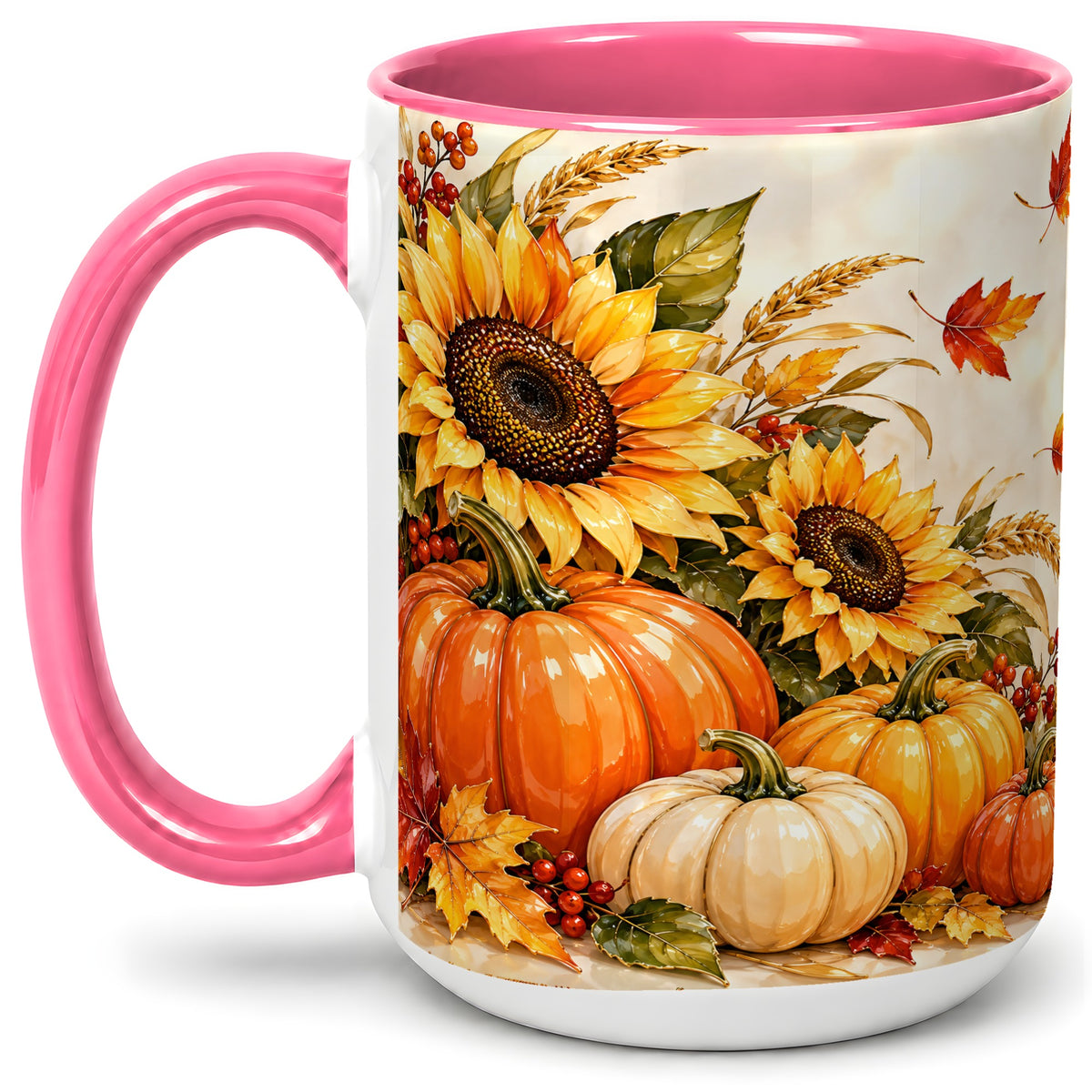 #pl[15oz|Pink] Autumn Pumpkin Accent Mug, Mug with Sunflower Fall Artwork