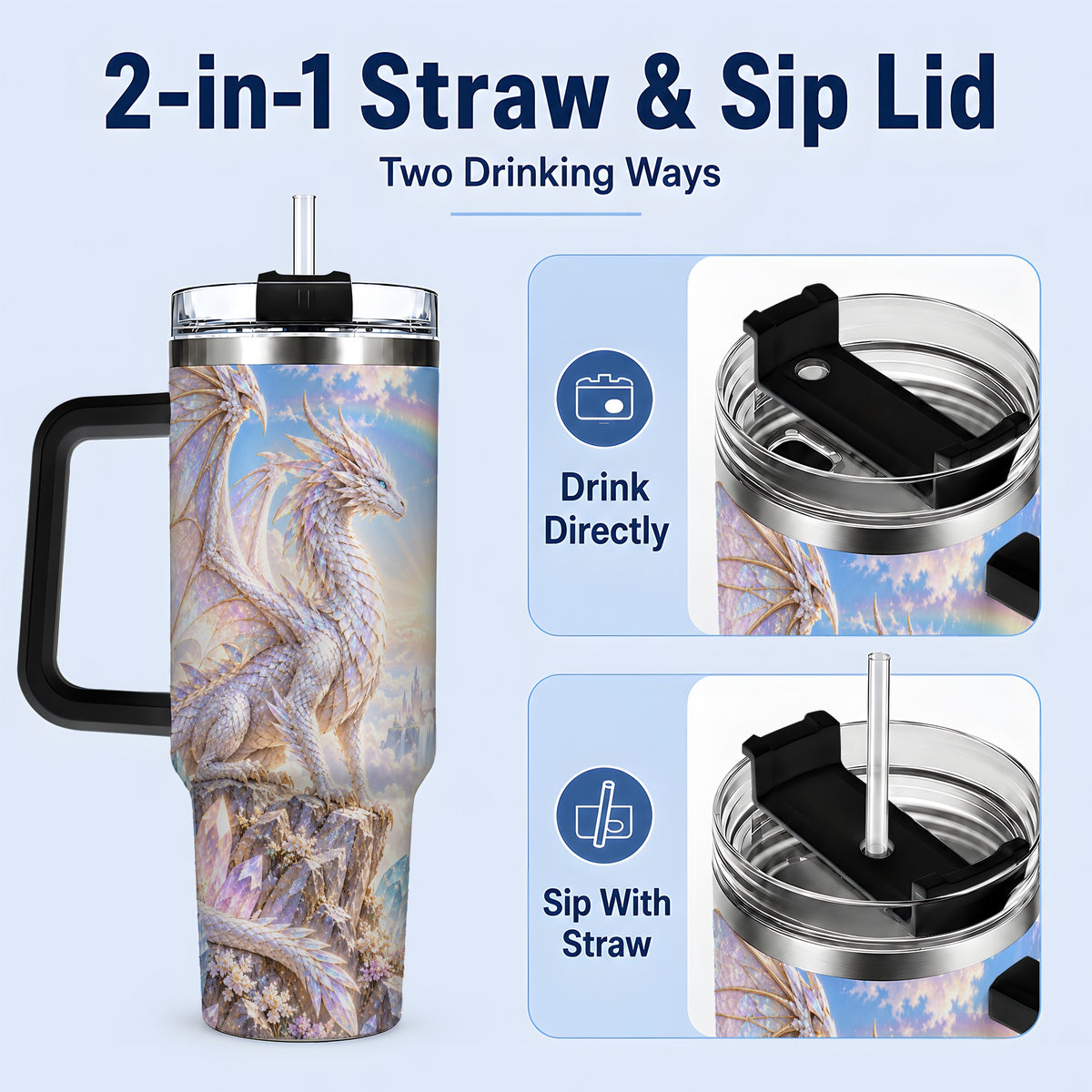 #pl[40oz|Black] Fantasy Dragon Tumbler, 40oz Tumbler with Crystal Castle Artwork