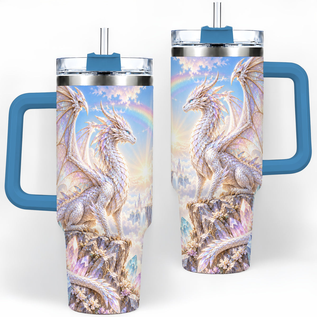 #pl[40oz|Blue] Fantasy Dragon Tumbler, 40oz Tumbler with Crystal Castle Artwork