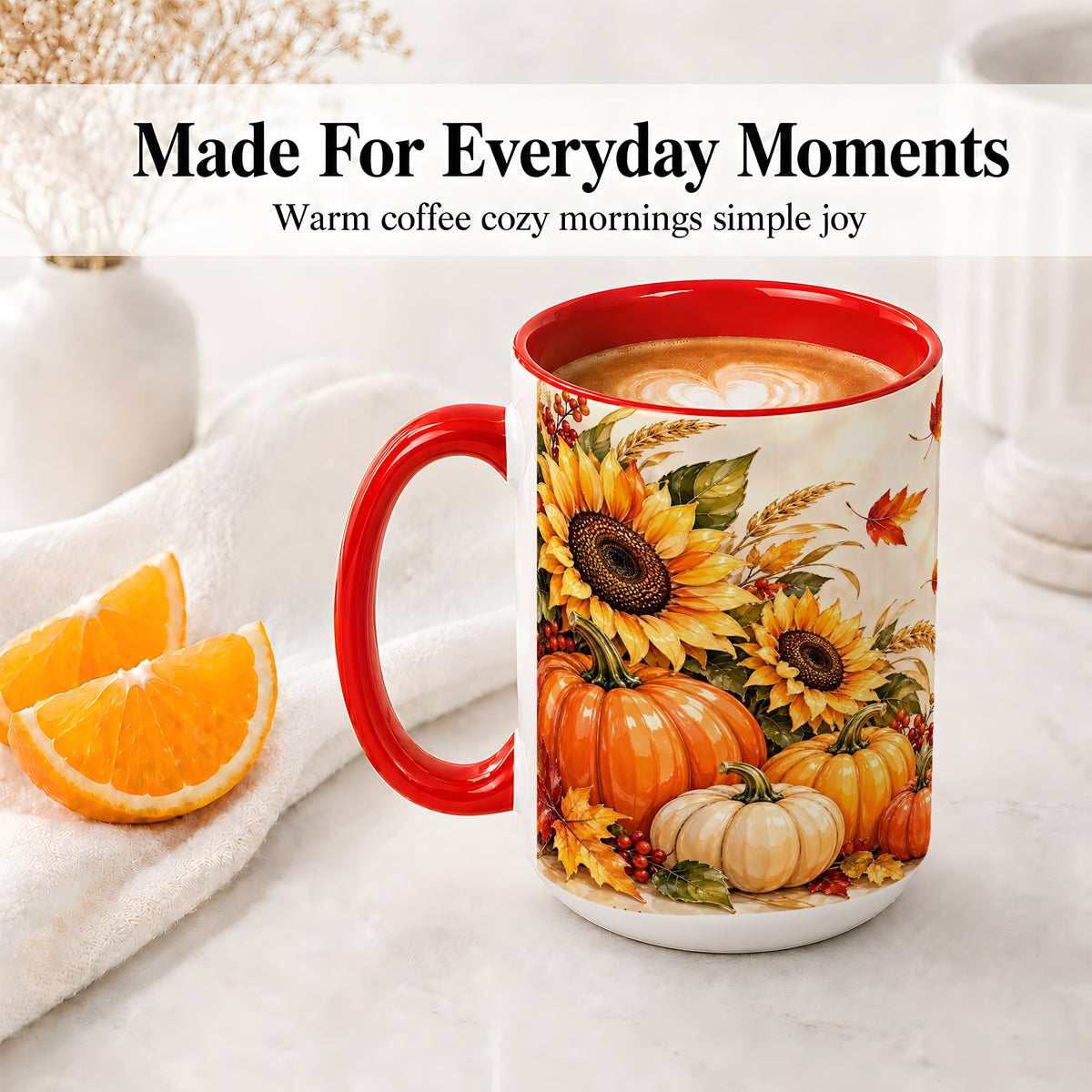 #pl[15oz|Red] Autumn Pumpkin Accent Mug, Mug with Sunflower Fall Artwork