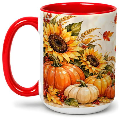 #pl[15oz|Red] Autumn Pumpkin Accent Mug, Mug with Sunflower Fall Artwork