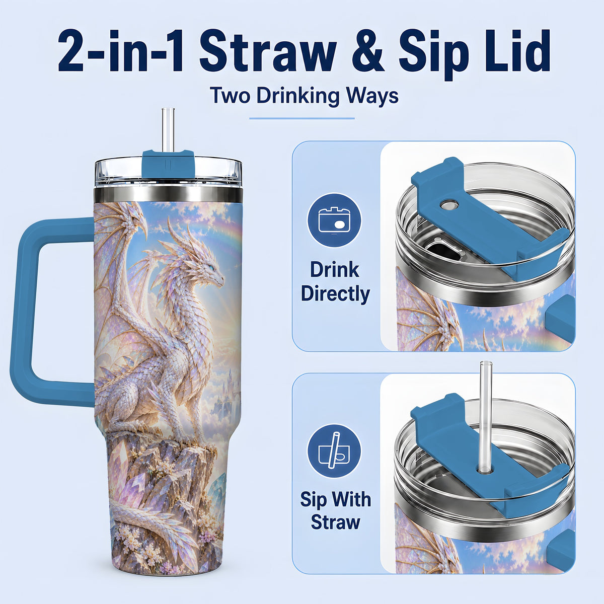 #pl[40oz|Blue] Fantasy Dragon Tumbler, 40oz Tumbler with Crystal Castle Artwork