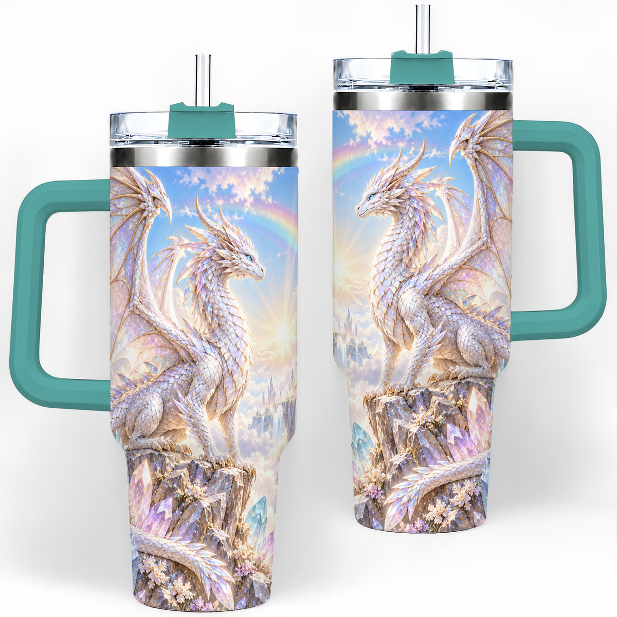 #pl[40oz|Green] Fantasy Dragon Tumbler, 40oz Tumbler with Crystal Castle Artwork