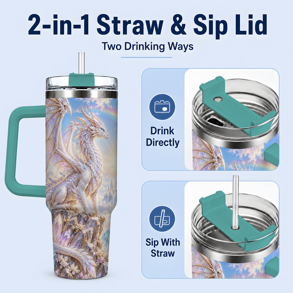 #pl[40oz|Green] Fantasy Dragon Tumbler, 40oz Tumbler with Crystal Castle Artwork