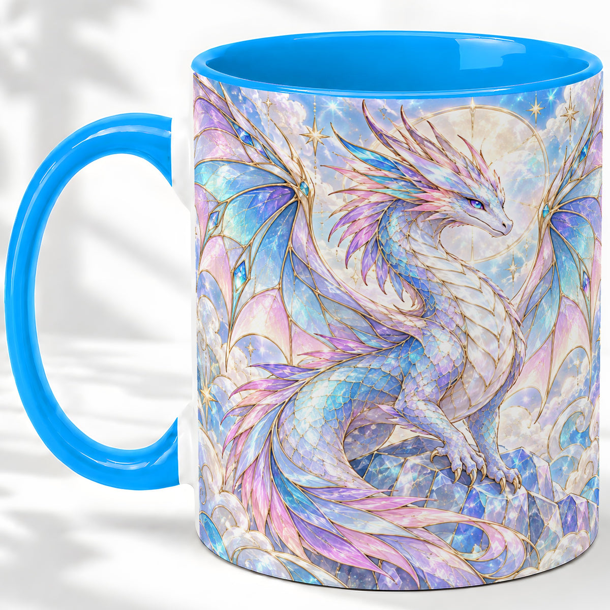 #pl[11oz|Blue] Pastel Crystal Dragon Accent Mug, Mug with Celestial Artwork