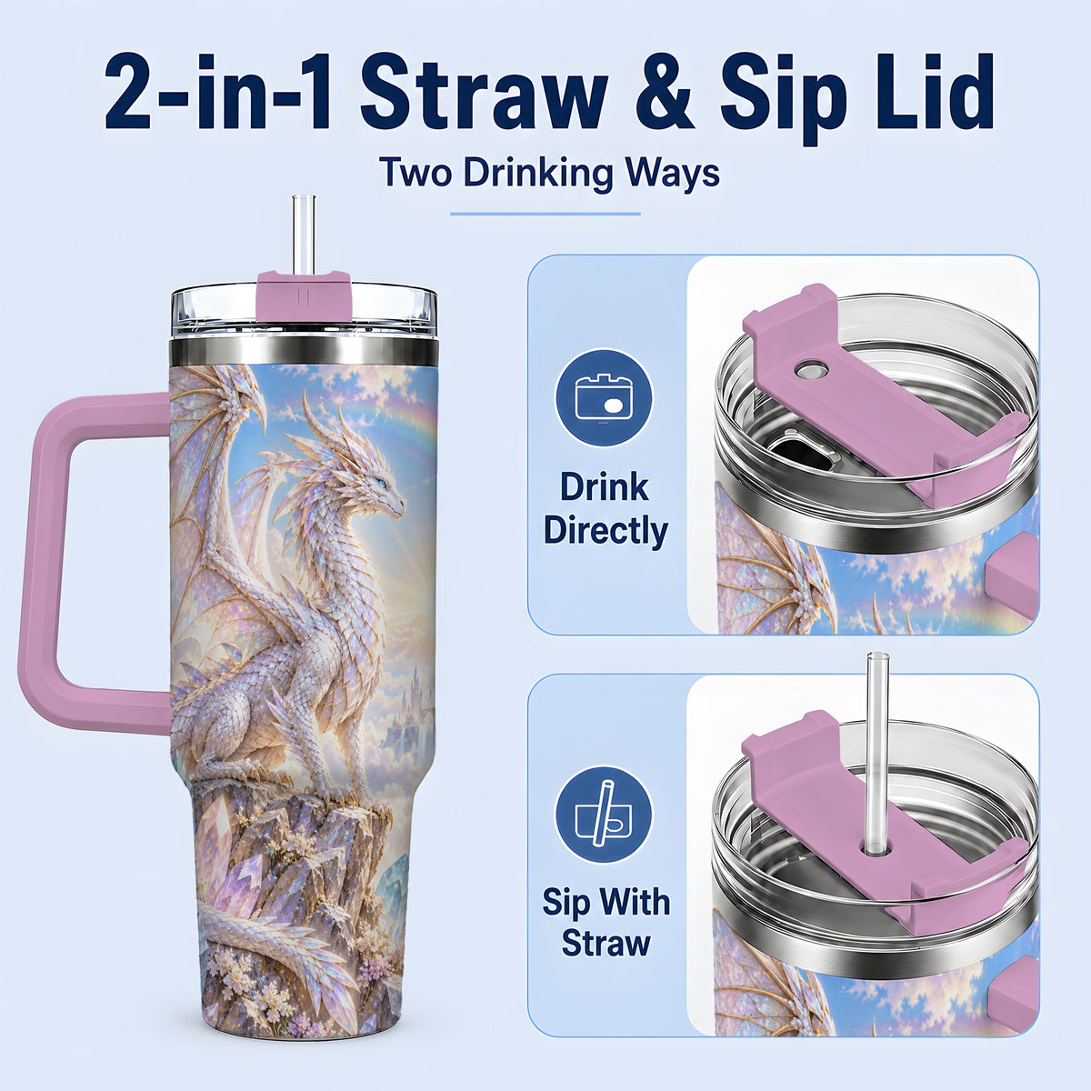 #pl[40oz|Pink] Fantasy Dragon Tumbler, 40oz Tumbler with Crystal Castle Artwork