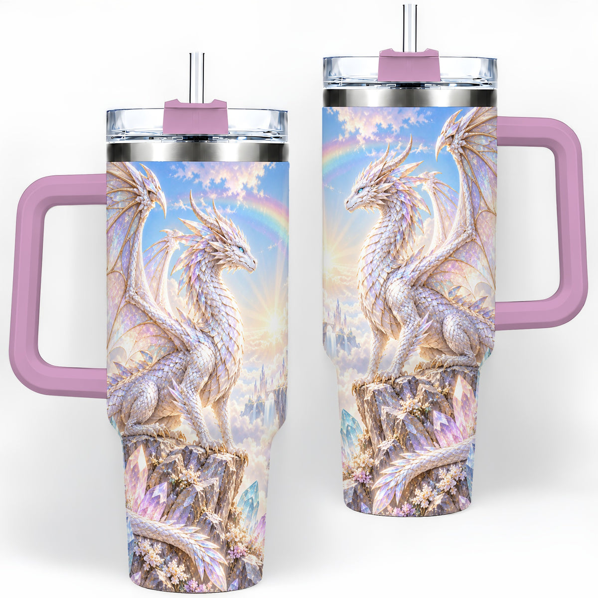 #pl[40oz|Pink] Fantasy Dragon Tumbler, 40oz Tumbler with Crystal Castle Artwork