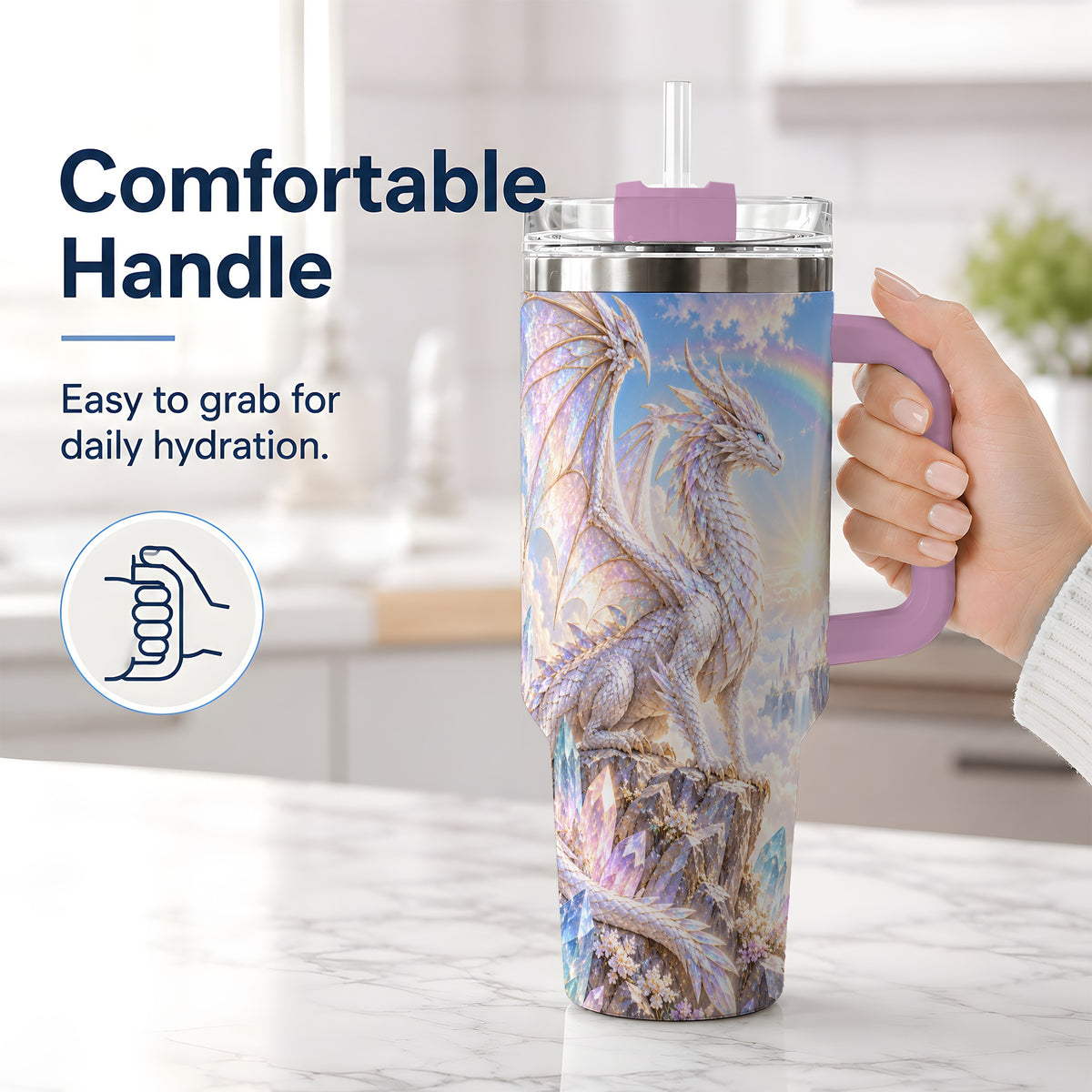 #pl[40oz|Pink] Fantasy Dragon Tumbler, 40oz Tumbler with Crystal Castle Artwork
