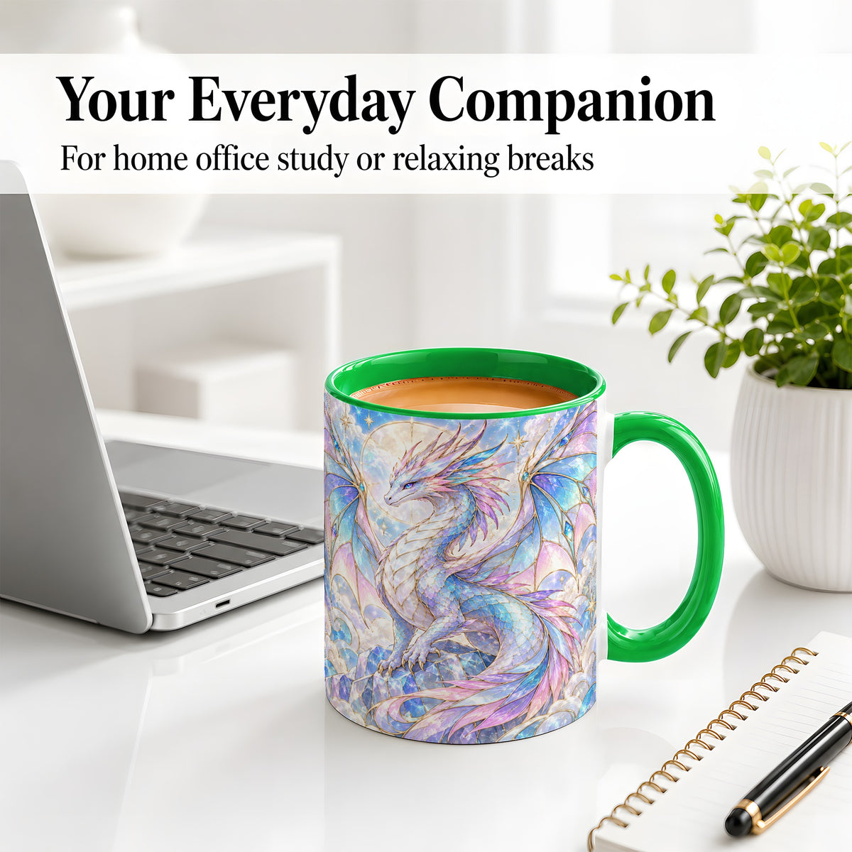 #pl[11oz|Green] Pastel Crystal Dragon Accent Mug, Mug with Celestial Artwork