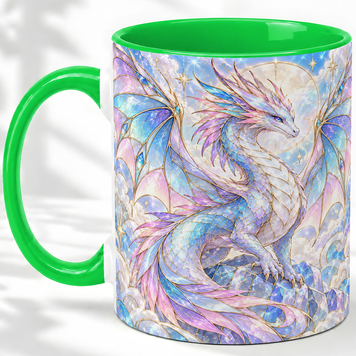 #pl[11oz|Green] Pastel Crystal Dragon Accent Mug, Mug with Celestial Artwork