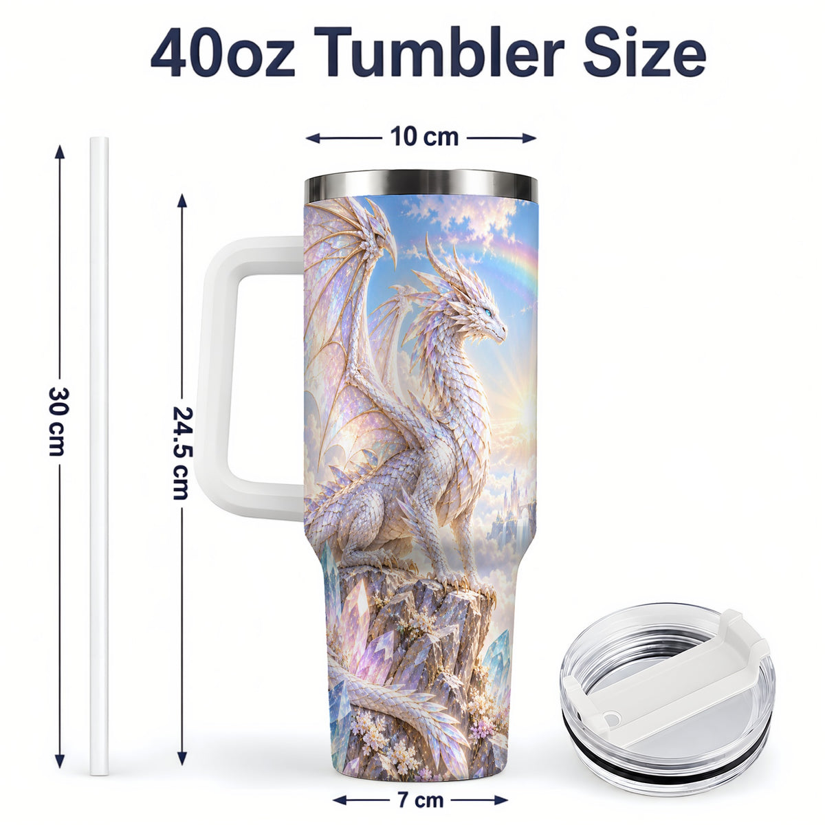 #pl[40oz|White] Fantasy Dragon Tumbler, 40oz Tumbler with Crystal Castle Artwork
