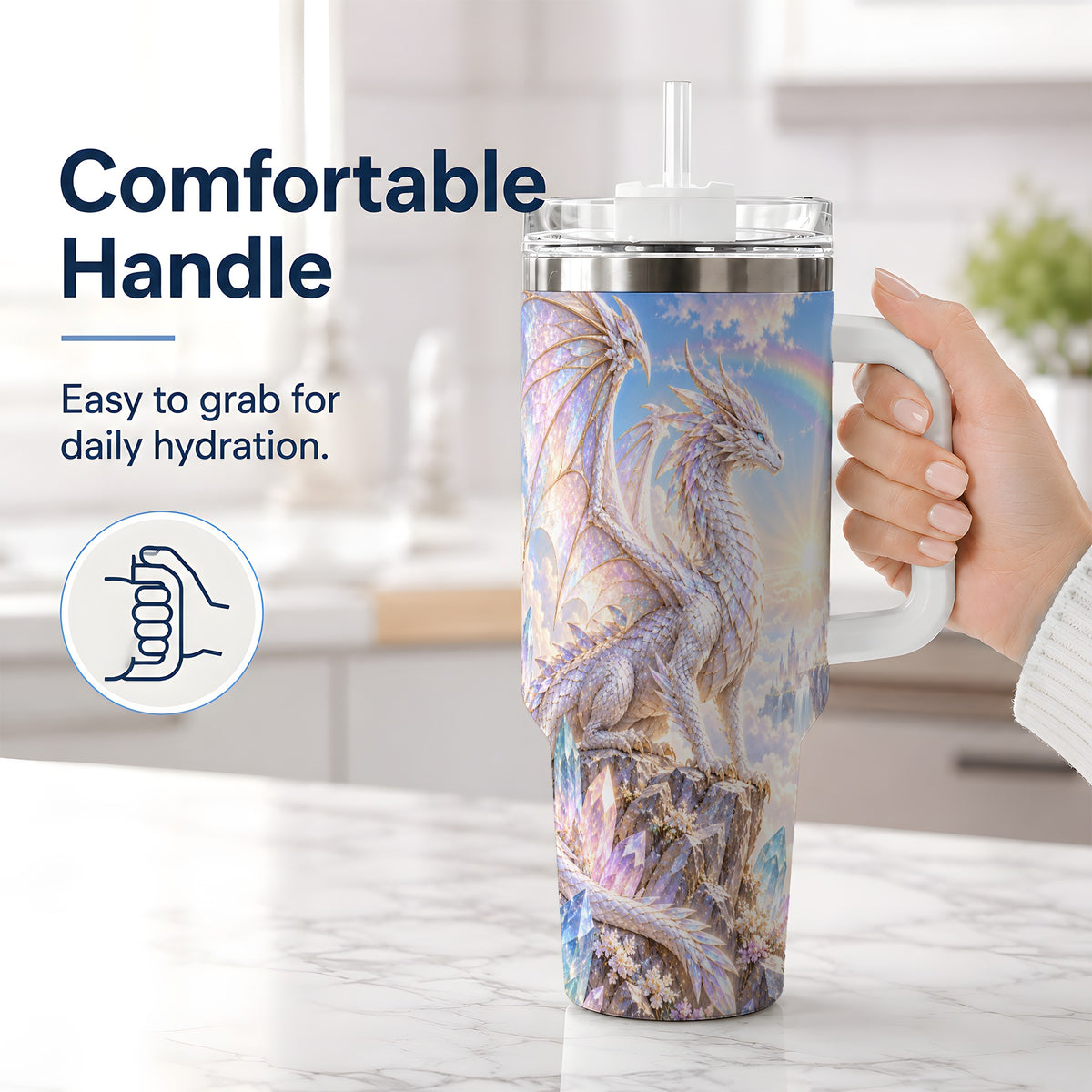 #pl[40oz|White] Fantasy Dragon Tumbler, 40oz Tumbler with Crystal Castle Artwork