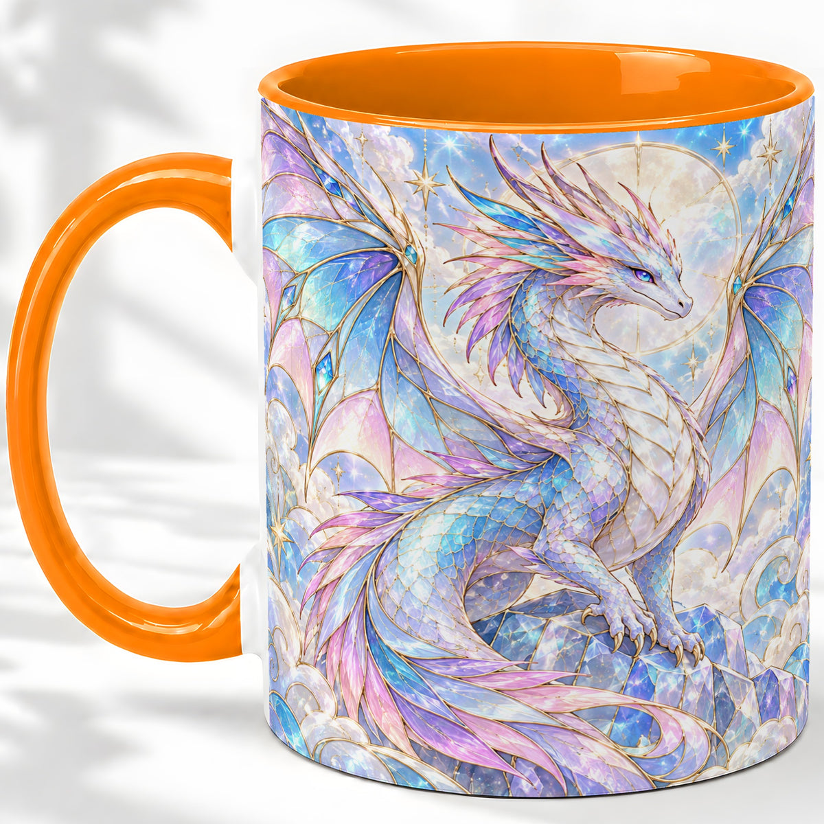 #pl[11oz|Orange] Pastel Crystal Dragon Accent Mug, Mug with Celestial Artwork
